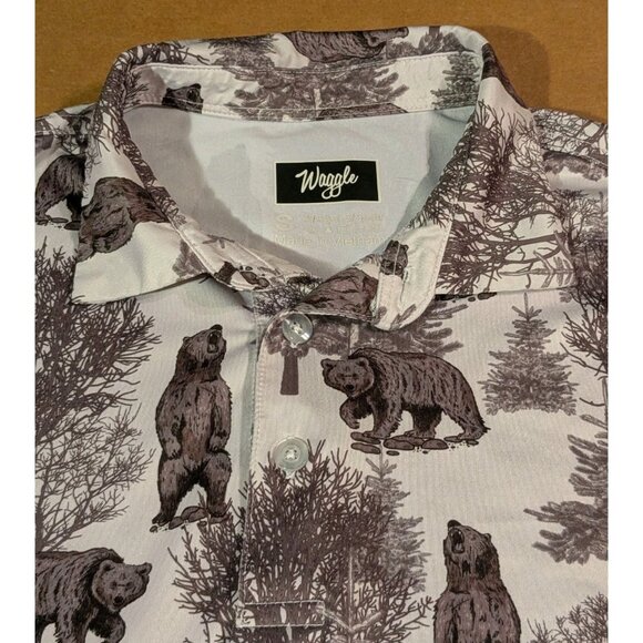 Waggle Golf Polo Shirt Bear Mens Sz Small Grizzly Brown & White Short Sleeves - Picture 1 of 10